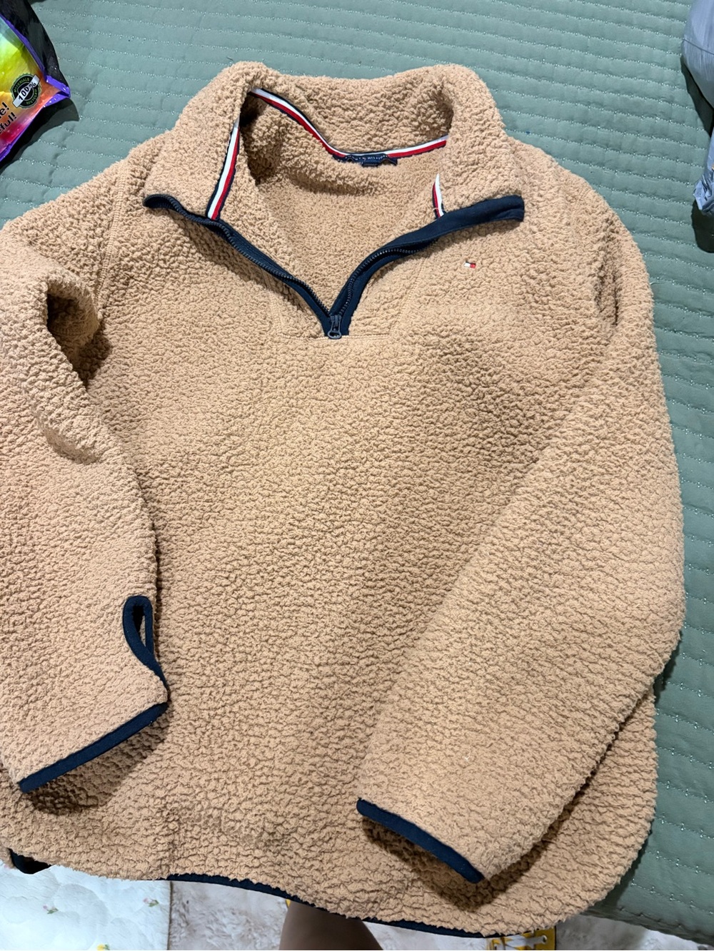 Tommy Hilfiger Camel Sherpa Pullover with Navy Trim